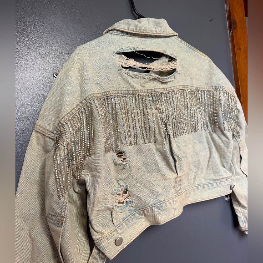 12th Tribe Rhinestone Fringe Cropped Denim Jacket Light Wash S/M